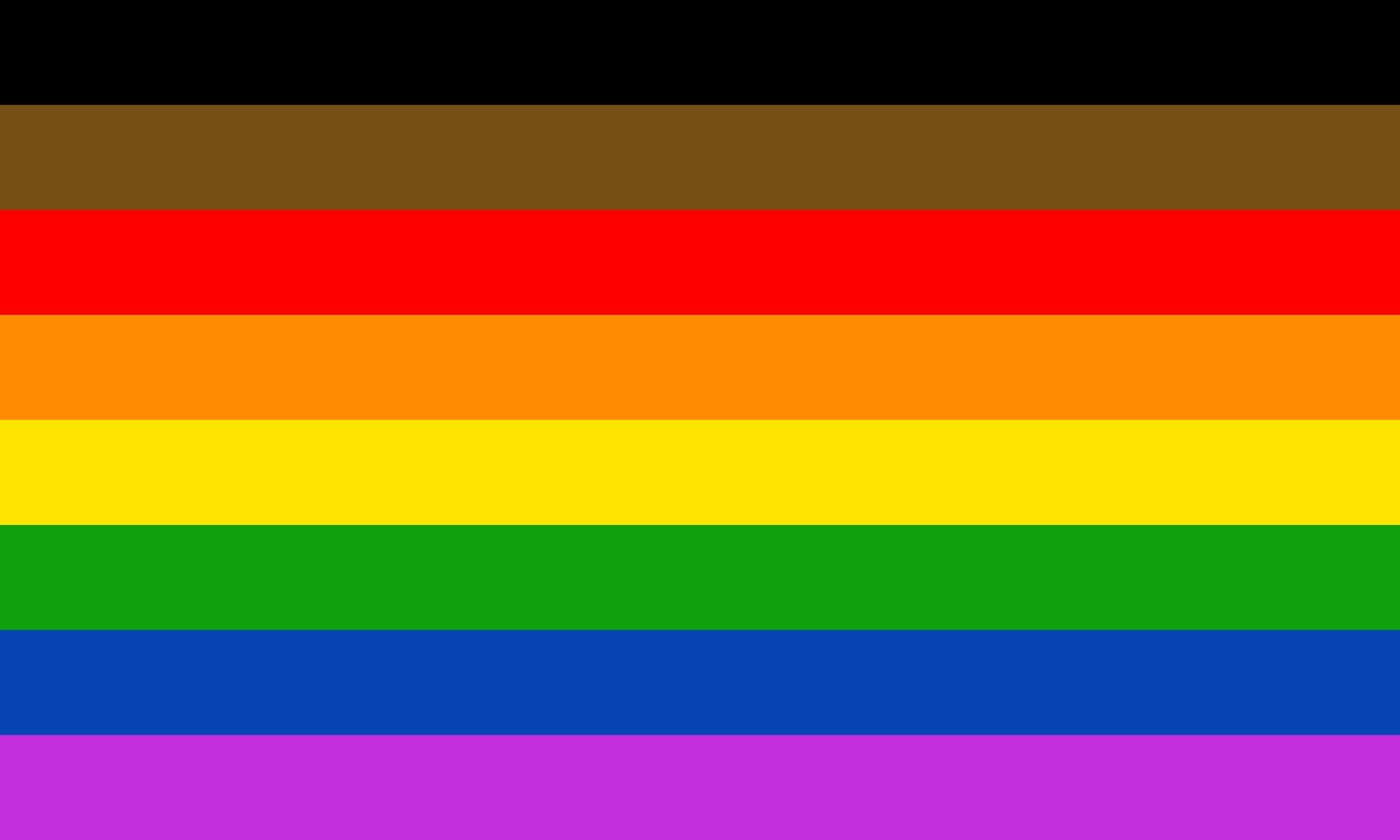 The city of Philadelphia's new LGBT Pride flag, which includes a band of brown and a band of black at the top of the traditional rainbow stripes.